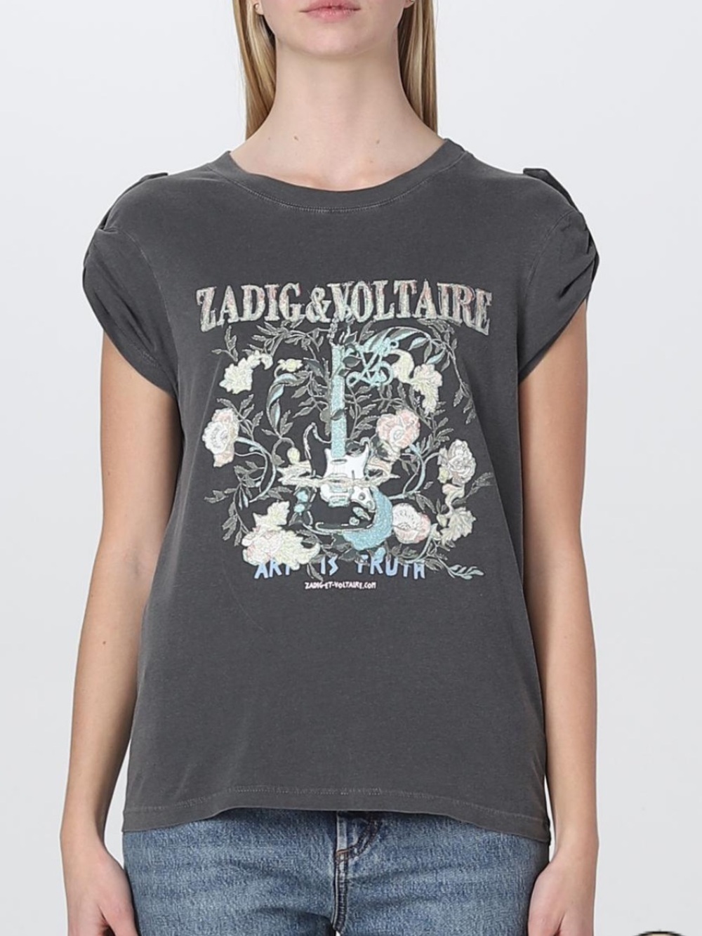 Zadig & Voltaire Charcoal Tee with Floral Guitar Graphic